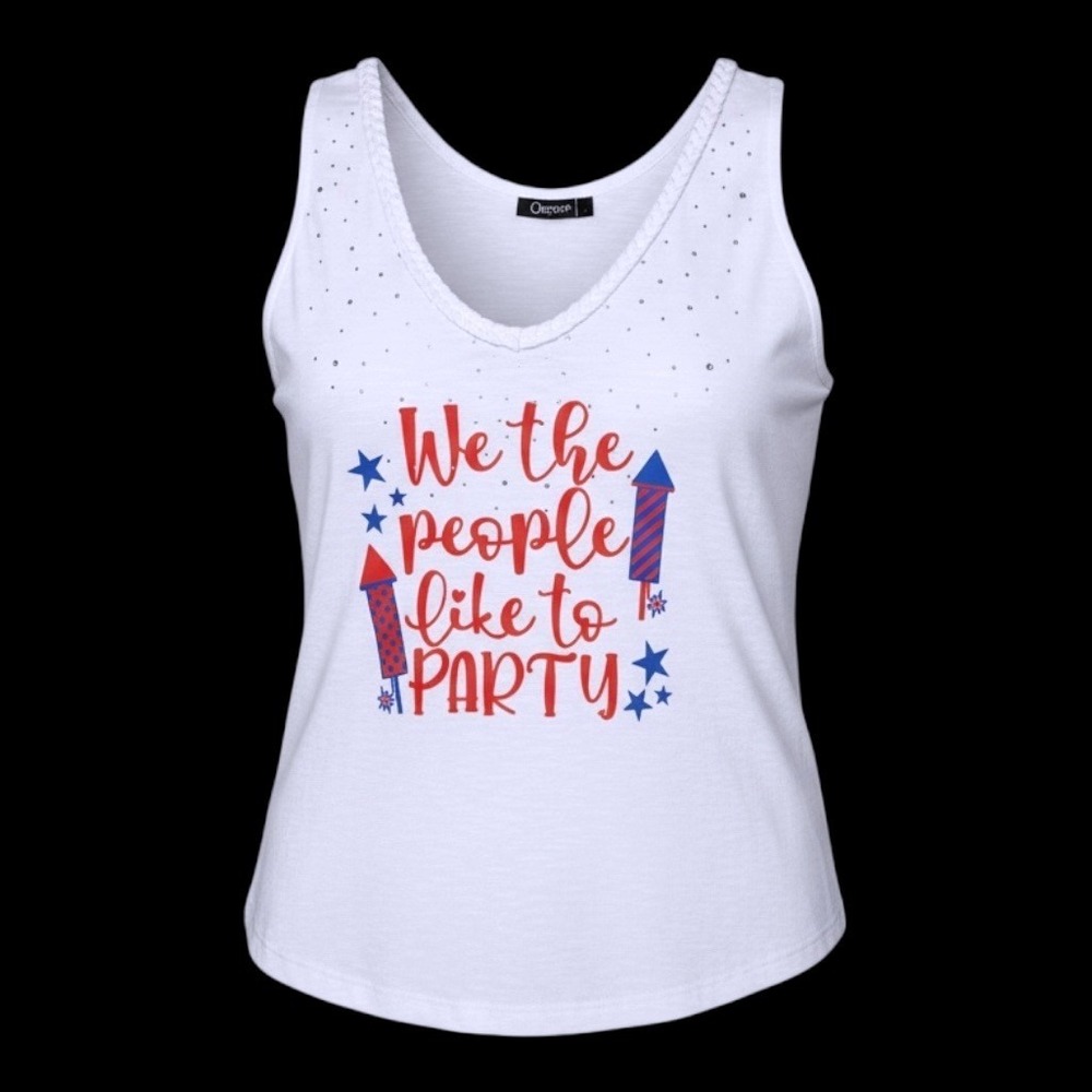 Onque‎ Casual Womens White We The People Like To Party Tank Top Rhinestone Large